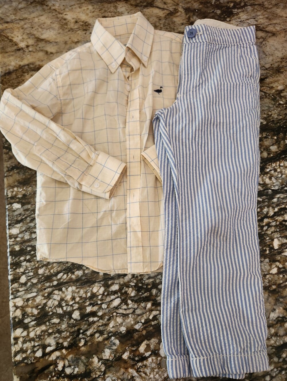 Boys Cream Plaid Shirt & Blue Stripe Pants Matching Set